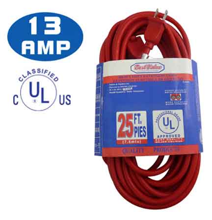 [E33183] Extension Electrica Ul Roja 2c C16 25'. Color Rojo. Multipropósito