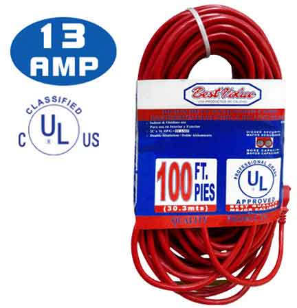 [E33187] Extension Electrica Ul Roja 2c C16 100'. Color Rojo. Multipropósito