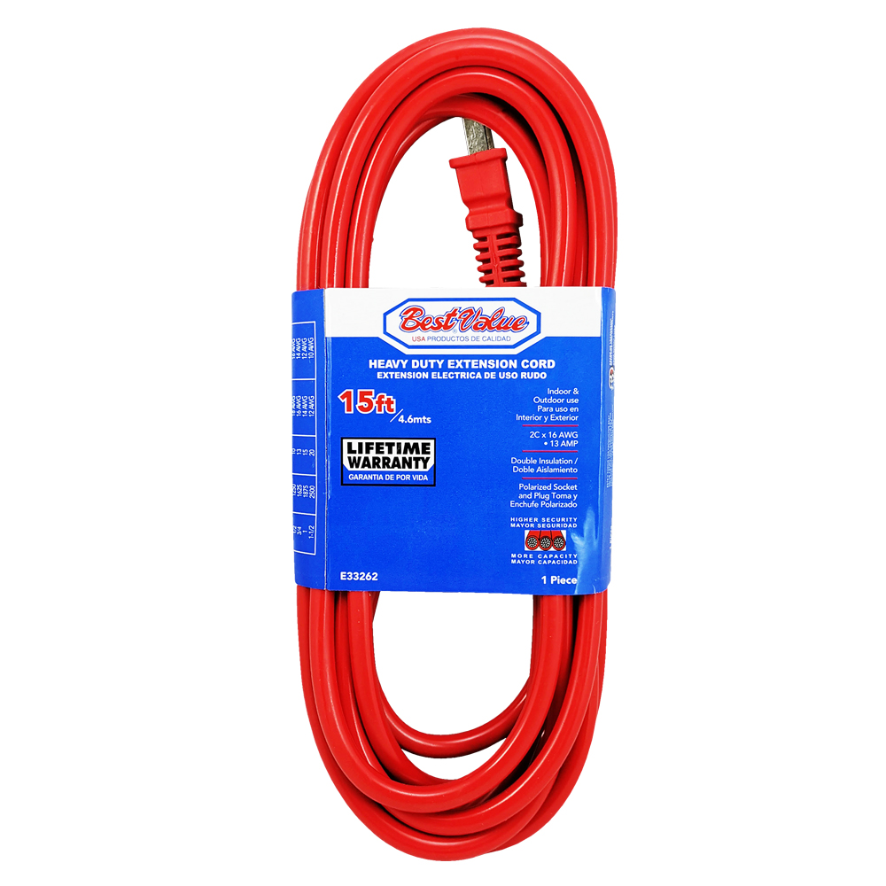 [E33262] Extension Electrica Roja C16 15'. Color Rojo. Multipropósito