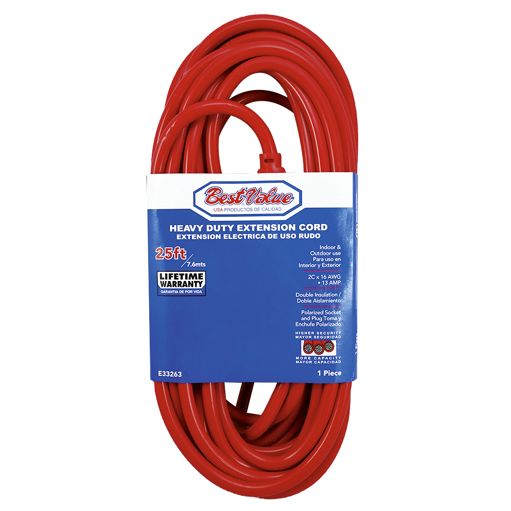 [E33263] Extension Electrica Roja C16 25'. Color Rojo. Multipropósito