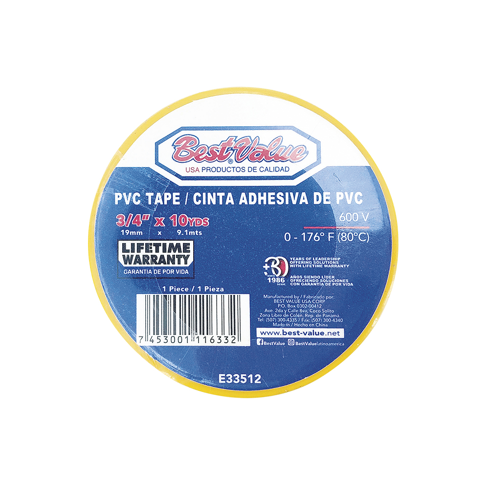 [E33512] Tape Electrico Bestvalue10yd Amarillo. 3/4(19mm)