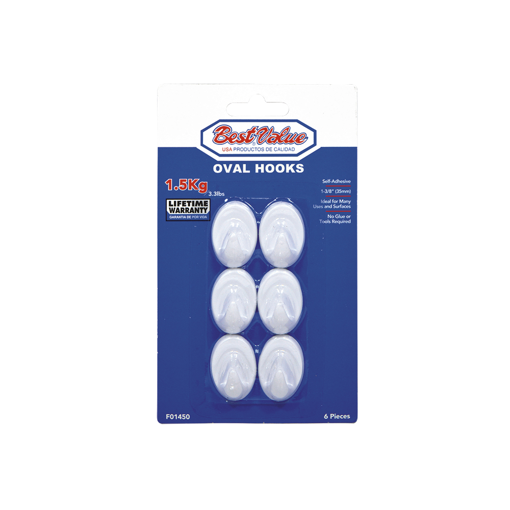 [F01450] Gancho Con Adhesivo Oval 1-3/8(6pc). Blanco. 1-3/8(35mm)