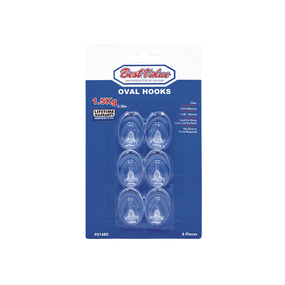 [F01485] Ganchos Con Adhesivo Oval 1-3/8 Transp (6pzas). Transparente.