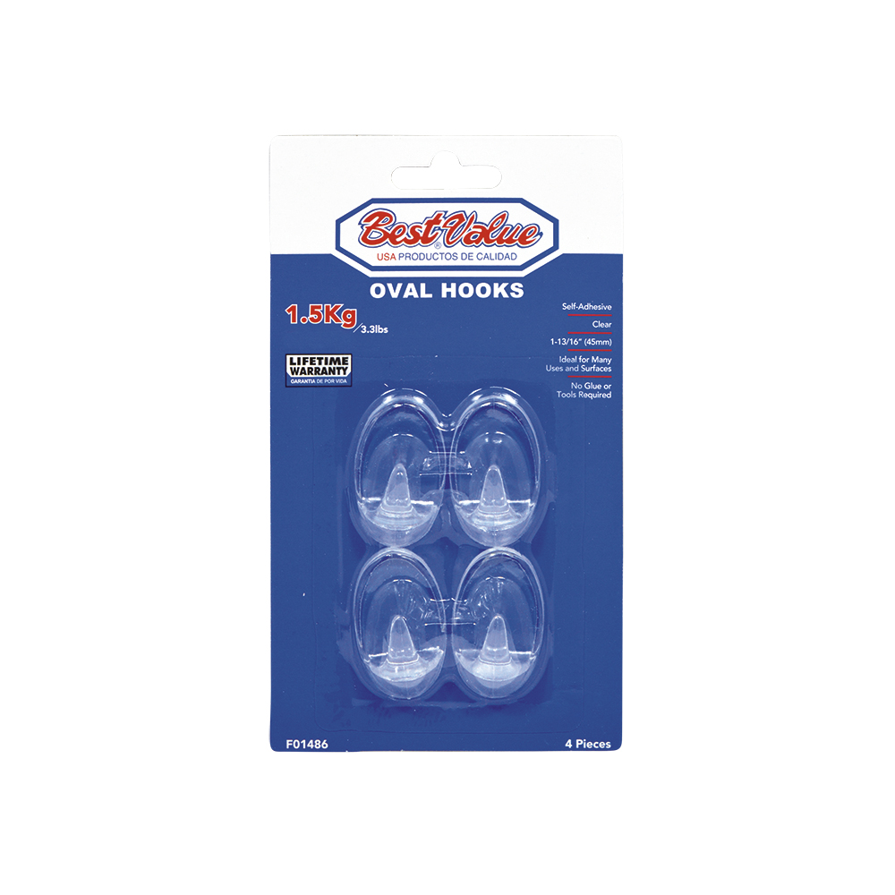 [F01486] Ganchos Con Adhesivo Oval 1-13/16 Transp (4pzas). Transparente.