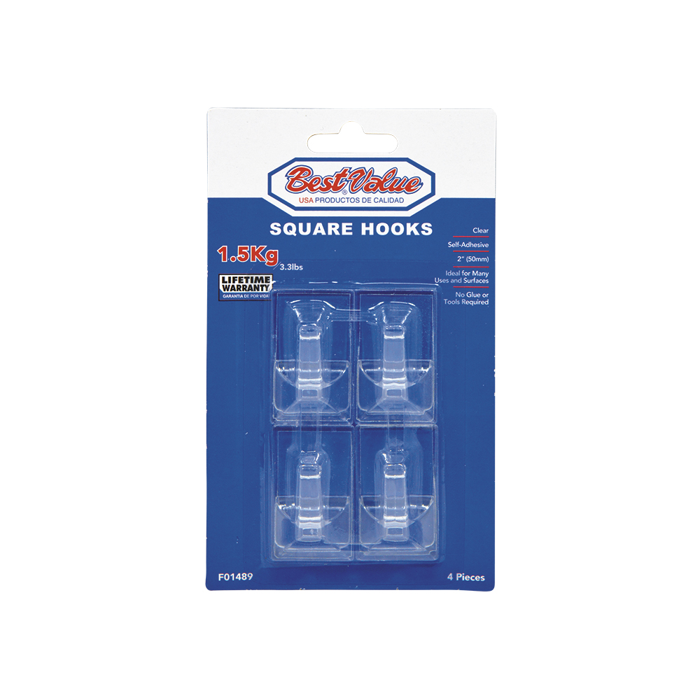 [F01489] Ganchos Con Adhesivo Cuad 2 Transp (4pzas). Transparente.