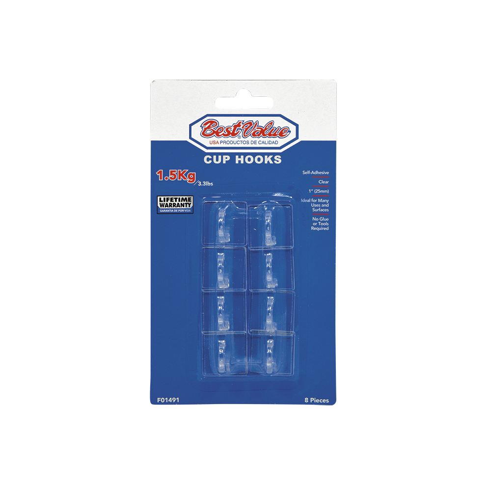 [F01491] Ganchos Con Adhesivo Para Tazas 1 Transp (8pzas). Transparente. 1(25mm)