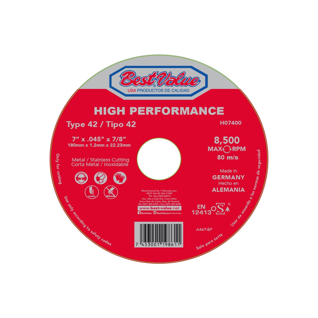 [H07400] Disco Corte Metal 7 X 0. 45 High Perf. Oxido De Aluminio.