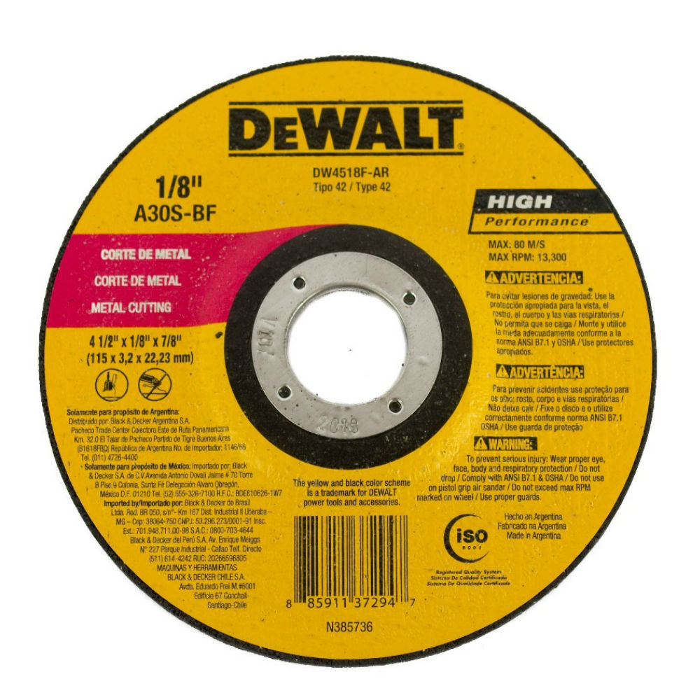 [H1821502] Disco Corte Metal Dw 4-1/2x1/8 Dw4518f. Gano Oxido De Aluminio. 4-1/2x 1/8