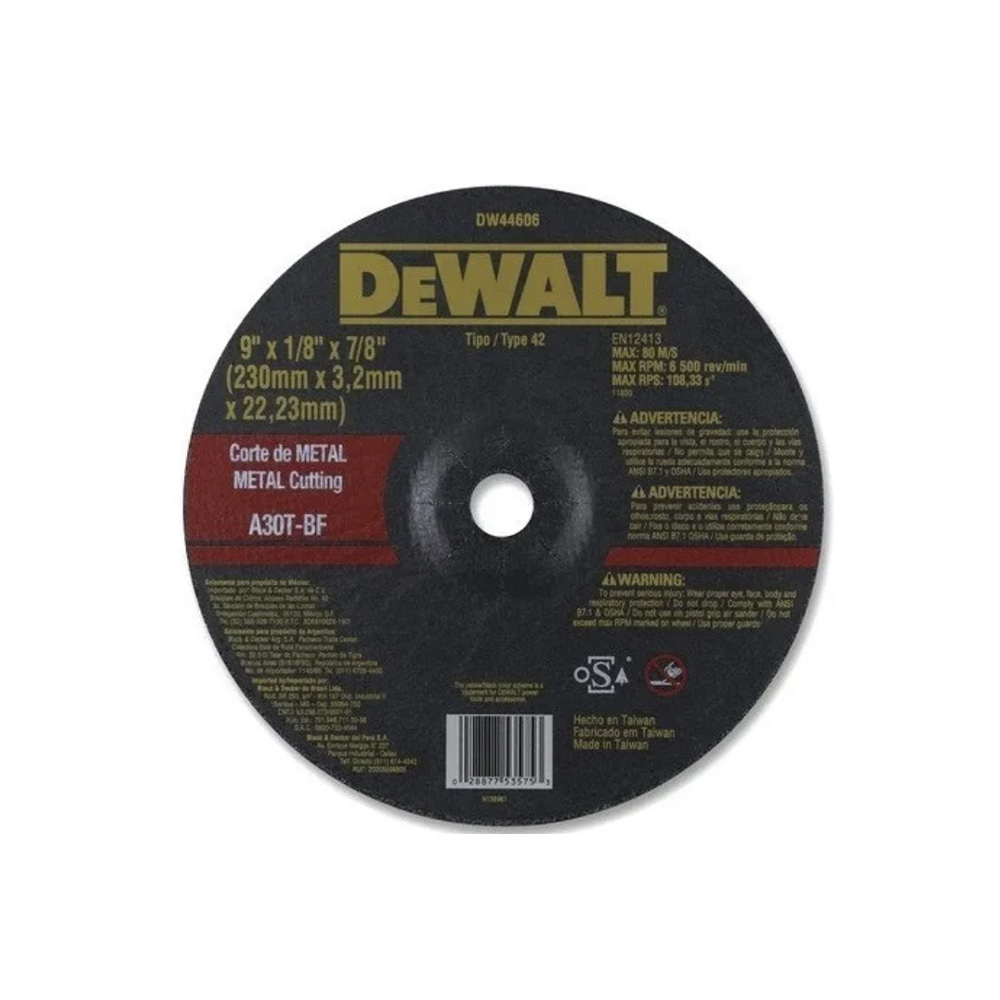 [H1821503] Disco Corte Metal Dewalt 9x1/8 Dw44606. Gano Oxido De Aluminio. 9 X 1/8