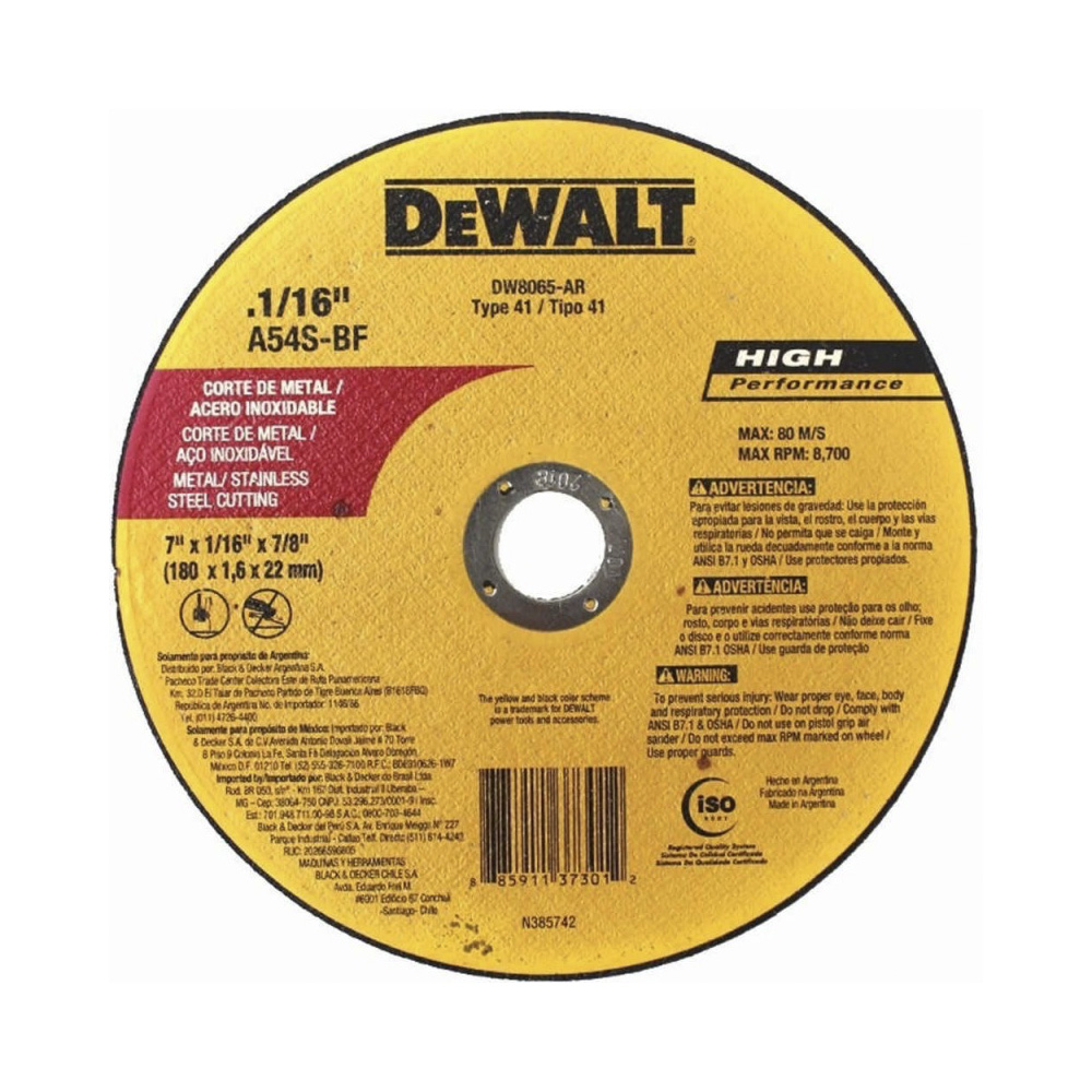 [H1821511] Disco Corte Metal Dw 7x0. 045 Dw8065. Gano Oxido De Aluminio. 7 X 0.
