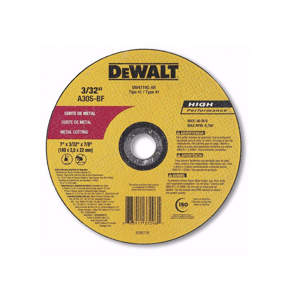 [H1821518] Disco Corte Metal 7x3/32x7/8 Dw4719c. Gano Oxido De Aluminio. 7 X 3/32 7/8