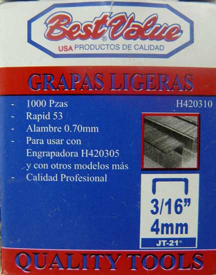 [H420310] Grapa Liviana 3/16 (1000 Pcs) Jt-21. Gris. (4mm)