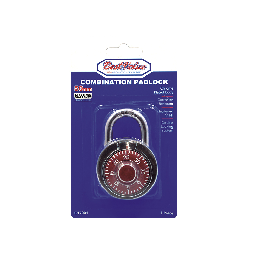 [C17001] Candado Bestvalue Combinacion (blister). Rojo / Azul Cromado. 76mm