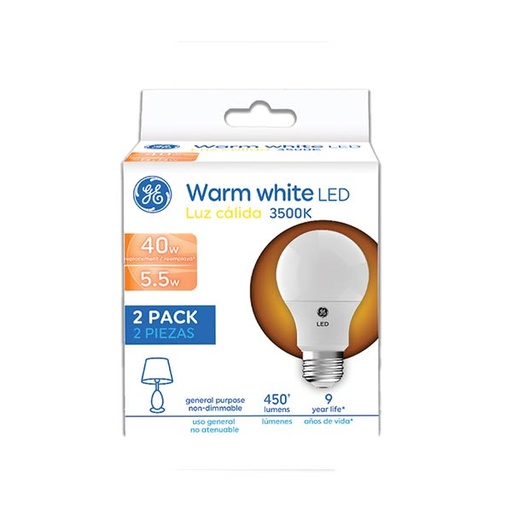 Led Ge 6w A19 3500k 450lm Ul 2 Pack. Luz Calida.