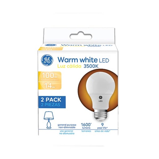Led Ge 14w A19 3500k 1600lm Ul 2 Pack. Luz Calida.