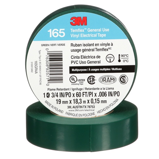 Tape Temflex 3/4 X 60' Verde 165. Verde.