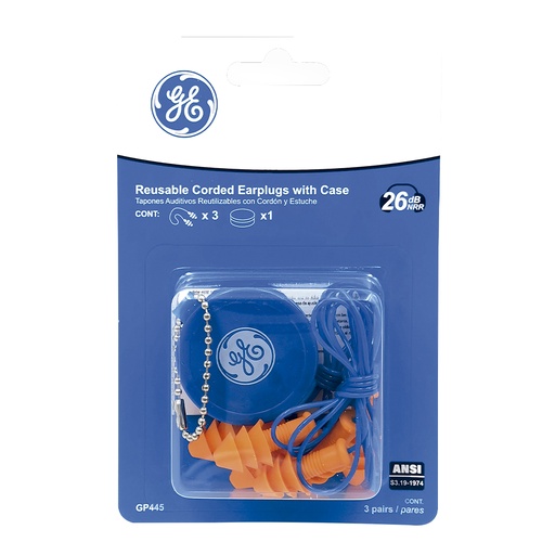 Tapones Auditivos Cable Reusables 3 Pares 26 Db Ge. Pairs Blister - Con Cordon.