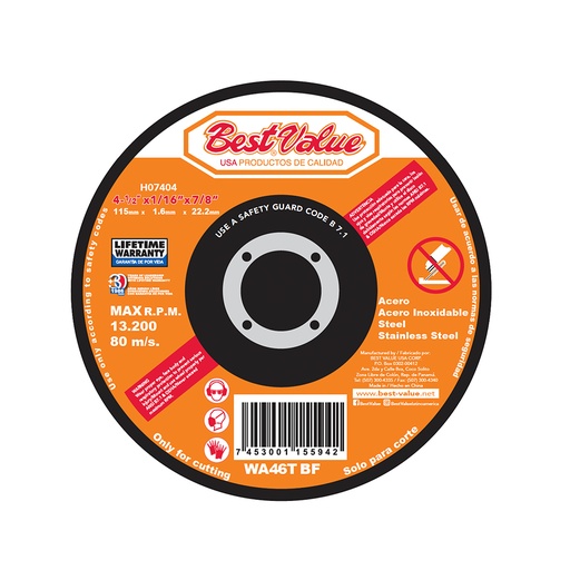Disco Para Cortar A. Inox 4-1/2 X 1/16. Naranja. 1/16
