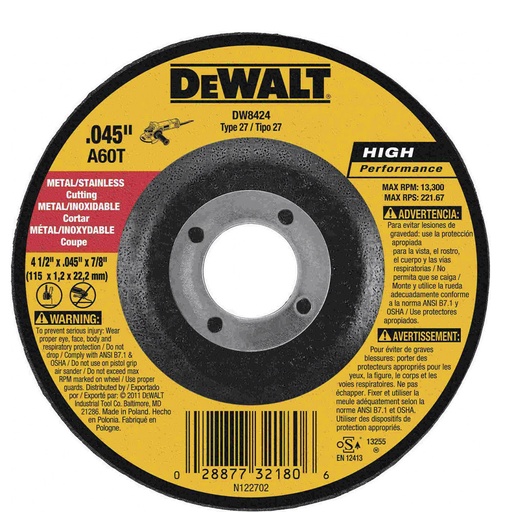 Disco Corte Metal 4-1/2x0. 045 Dw8424. Gano Oxido De Aluminio. 4-1/2 X 0.